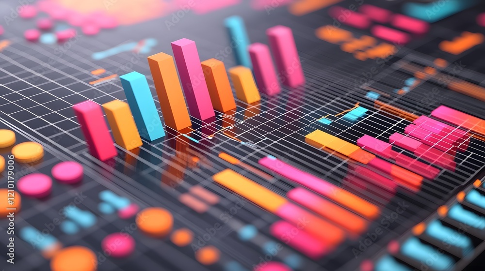 Poster Vibrant Data Visualization Dashboard with Dynamic Bar and Line Charts Displayed on a Subtle Grid Layout for Clarity and Analytical Insights  Bold Colors and Geometric Patterns Create a Modern