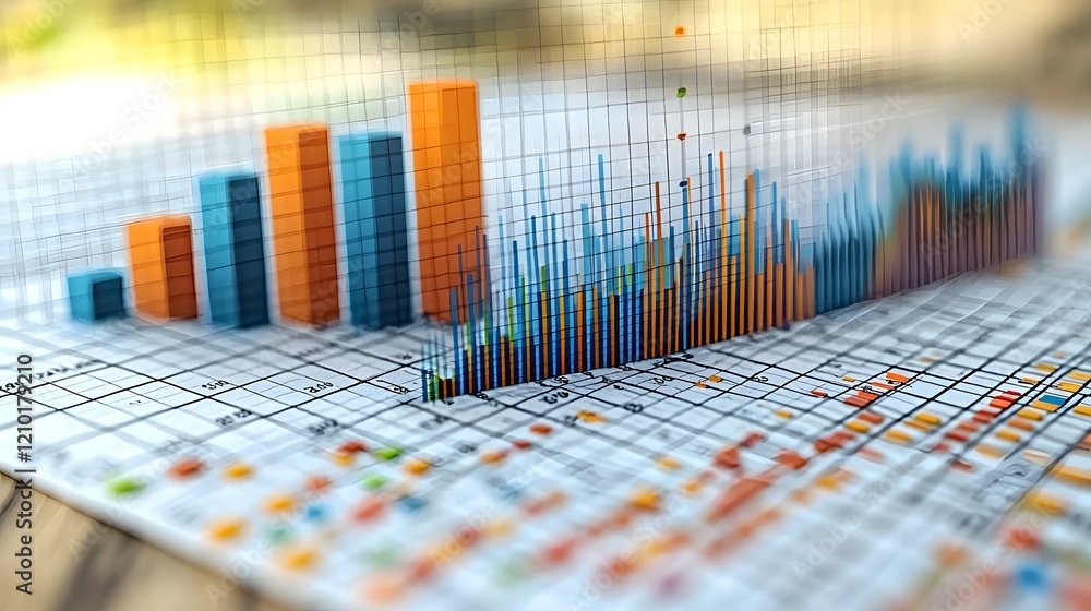 Poster Vibrant and creative data visualization featuring overlapping line and bar charts in a range of colors set against a delicate grid background for a modern technical aesthetic