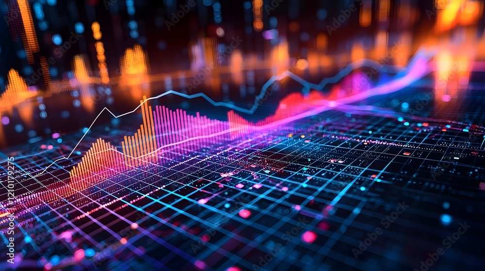 Poster Captivating and modern data visualization design featuring vibrant line and bar charts overlaid on a sleek minimalist grid background