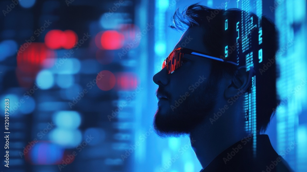 Poster traders profile captured with digital data visualization in a high-tech environment during a focused