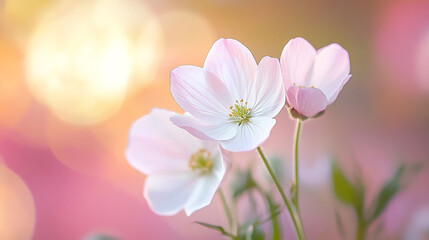 Obraz premium Delicate white flowers blooming in soft sunlight during springtime in a garden