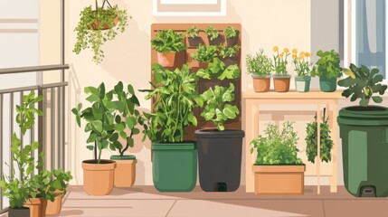 Sustainable balcony garden thrives with diverse plants and herbs in an urban setting during sunny afternoon