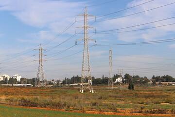 Electrical wires that carry high voltage current.