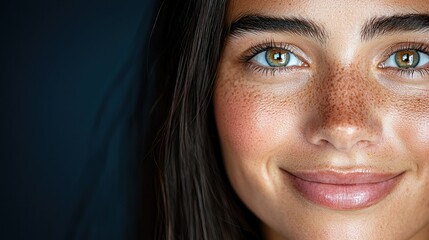 Fototapeta premium Young woman with green eyes and freckles smiles warmly in a close-up portrait against a dark background.