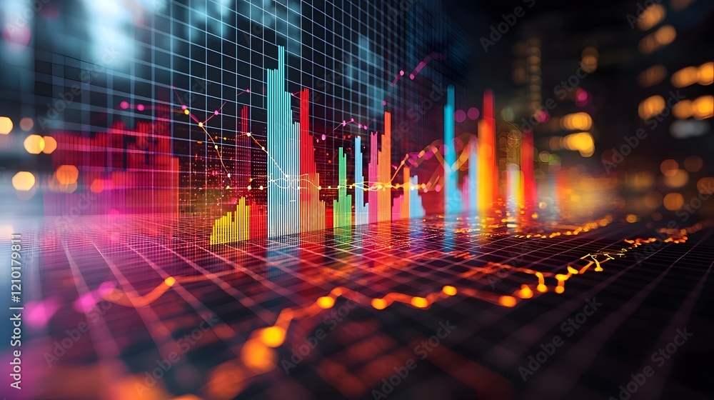 Poster Minimalist yet Dynamic Data Visualization Featuring Colorful Line and Bar Charts on a Subtle Grid Background for Professional Use in Business Finance and Technology Applications