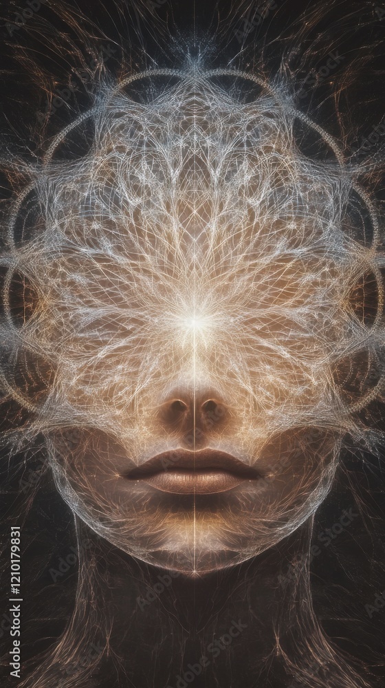 Poster surreal representation of a woman's face illuminated by intricate patterns and glowing light