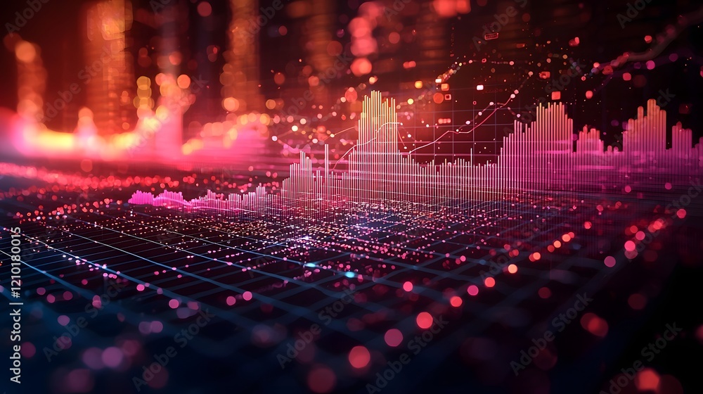 Fototapete Vibrant and Dynamic Data Visualization Represented by Colorful Line and Bar Charts with a Clean Stylish and Futuristic Modern Grid Overlay Design