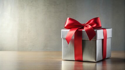 A silver gift box with a vibrant red ribbon, elegantly presented on a wooden surface