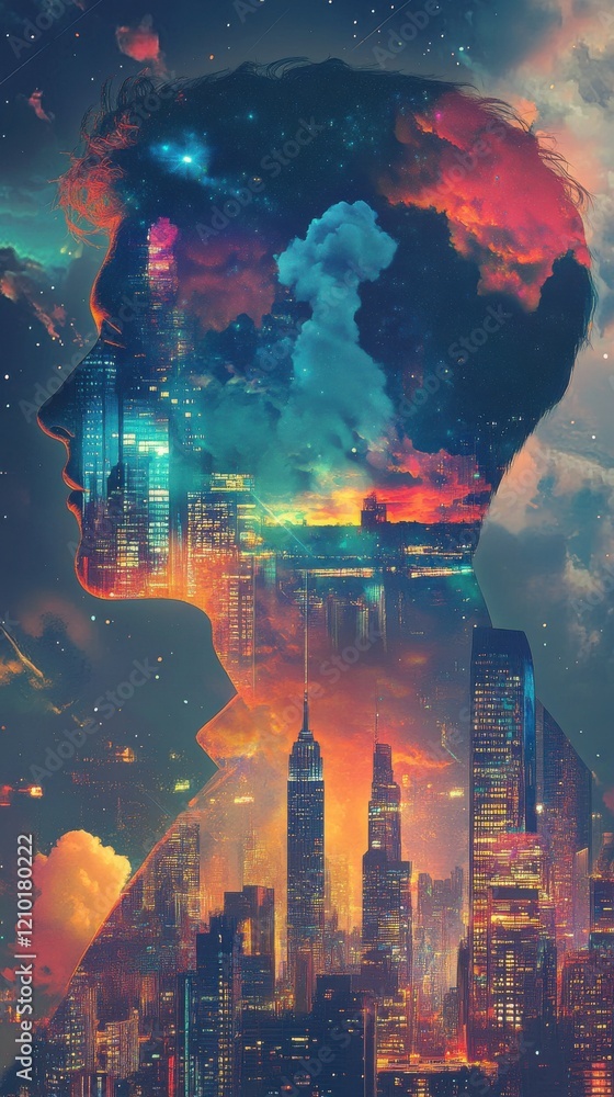 Poster surreal representation of a man's profile merges with a vibrant city skyline and cosmic elements at 