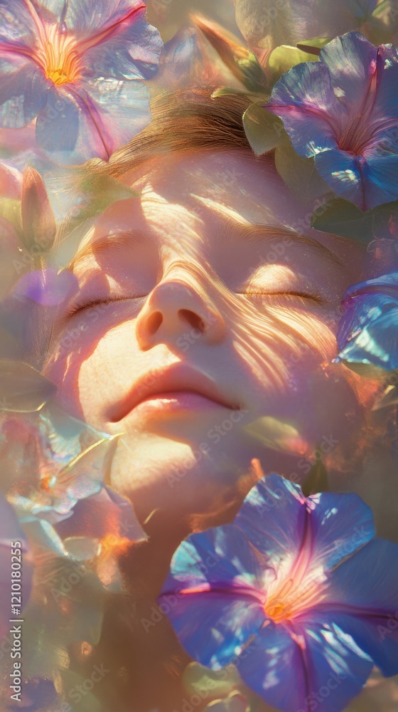 Poster surreal representation of a child's face intertwined with colorful flowers and ethereal light in a d