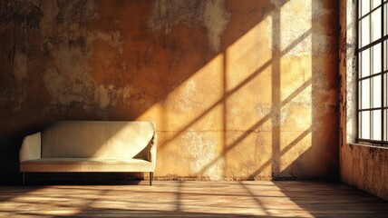 Sunlit room with vintage sofa and textured walls