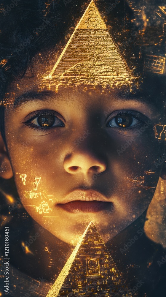 Poster surreal portrait of a glowing child surrounded by mystical symbols and light patterns