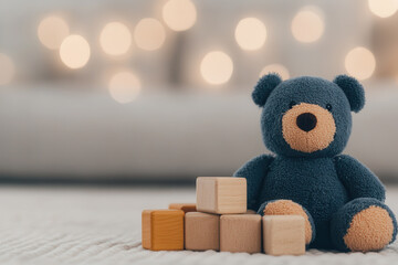 Plush teddy bear with wooden blocks on a cozy surface with bokeh lights in the background