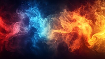 Vivid swirling fog and smoke in red orange yellow and blue hues forming a bold and cinematic abstract background  The image exudes an intense fiery and captivating atmosphere