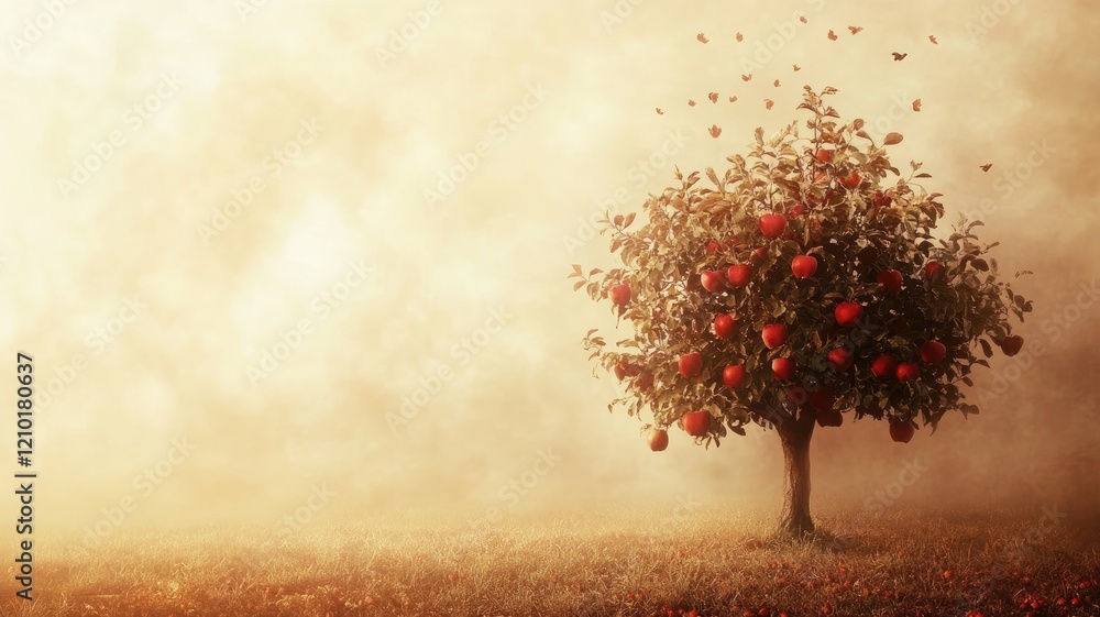 Poster lone apple tree with red apples in misty field butterflies and soft sunlight