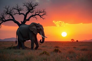 Fototapeta premium Elderly elephant alone in a dead acacia tree, sunset , silhouette, isolated, golden hour