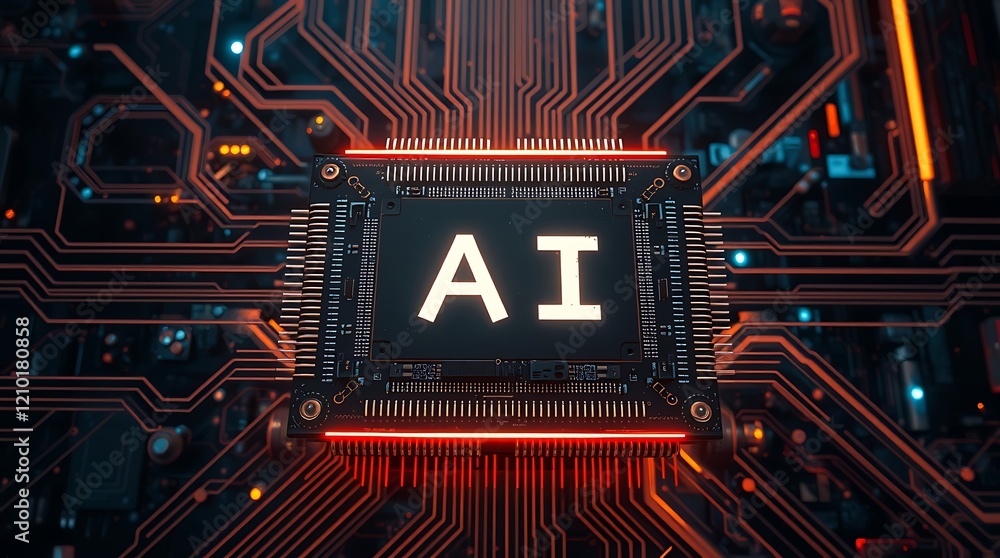 Poster abstract glowing printed circuit board with ai text written on it. glowing ai text. ai revolution, t