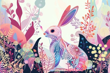 Rabbit in the garden in the style of graphic novel art graphics painting