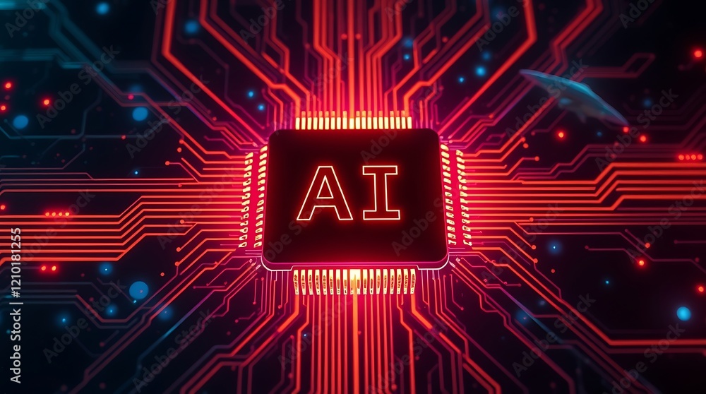 Poster abstract glowing printed circuit board with ai text written on it. glowing ai text. ai revolution, t