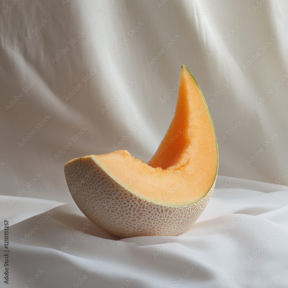 Poster ripe cantaloupe wedge resting on soft fabric with natural lighting for a fresh and appetizing look