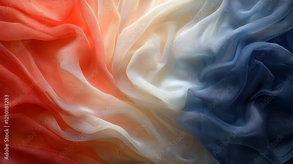 Poster Soft and elegant abstract flag with a luxurious silk texture highlighted in a harmonious blend of red white and blue tones gently waving and billowing in a graceful ethereal motion