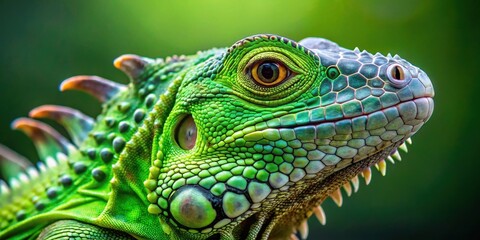 Obraz premium Close-up Portrait of a Vibrant Green Iguana, Showing Intricate Scaly Detail and a Keen Gaze