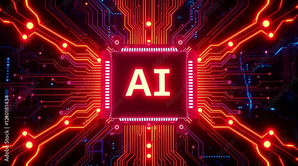 Poster abstract glowing printed circuit board with ai text written on it. glowing ai text. ai revolution, t