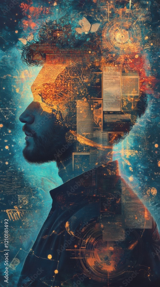 Aufkleber Visualization of a historian immersed in glowing thoughts surrounded by historical artifacts and cosmic elements at twilight