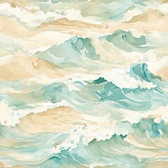 Serene watercolor doodle of gentle ocean waves and sandy shores during a peaceful day