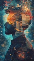 Visualization of a historian immersed in glowing thoughts surrounded by historical artifacts and cosmic elements at twilight