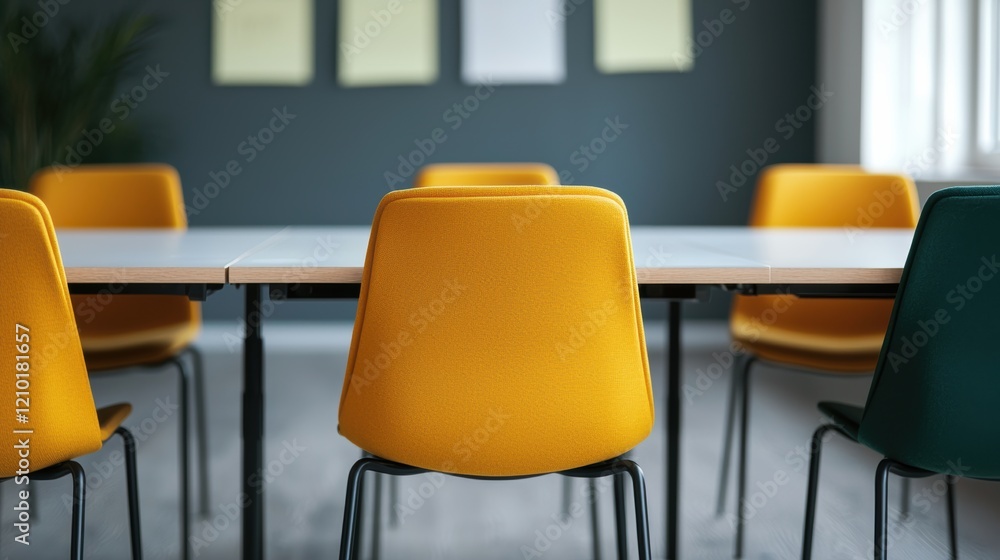 Poster empty meeting room with colorful chairs and sticky notes on the wall, ready for a productive team pl