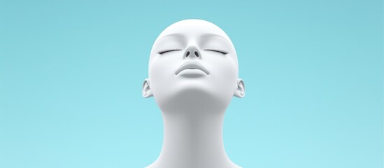 Serene white head, eyes closed, blue background, beauty ad