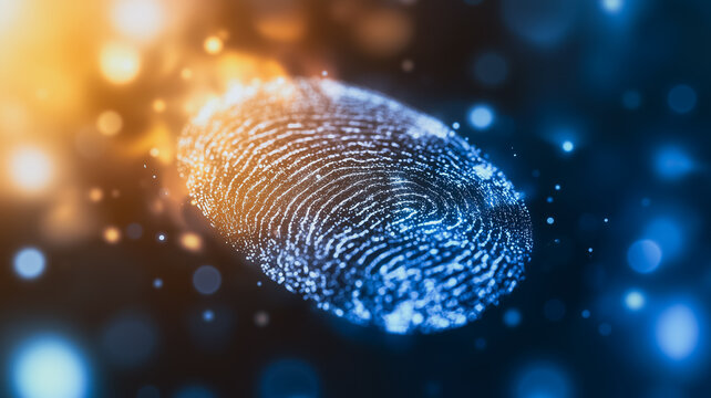 Digital Fingerprint: A close-up abstract rendering of a fingerprint in vibrant blue and orange hues,  on a dark background. The digital fingerprint signifies  uniqueness, security. - Powered by Adobe