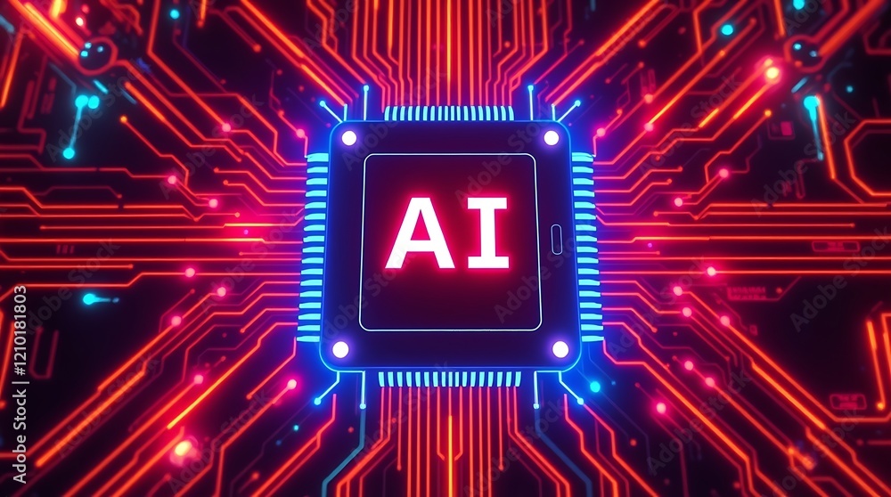 Poster abstract glowing printed circuit board with ai text written on it. glowing ai text. ai revolution, t