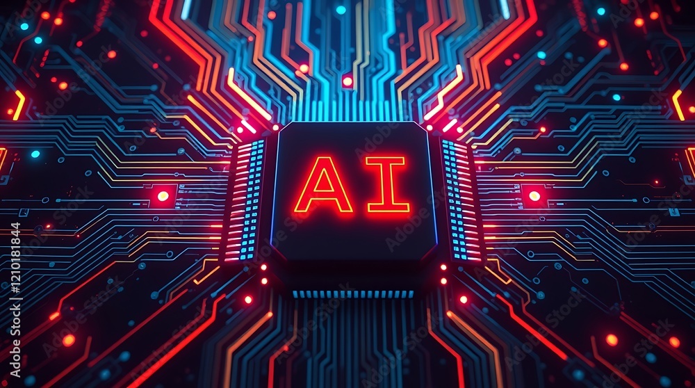 Poster abstract glowing printed circuit board with ai text written on it. glowing ai text. ai revolution, t
