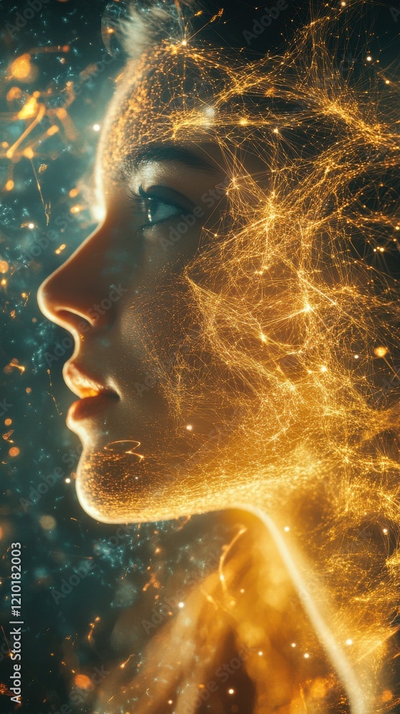 Poster Serene portrait of a woman's face merging with radiant golden light and ethereal patterns in a tranquil setting