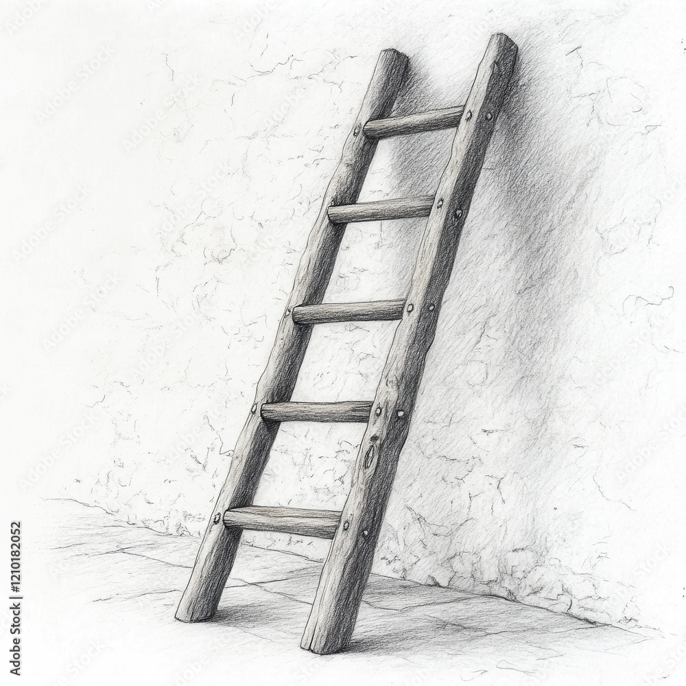 Poster rustic wooden ladder resting against a textured wall in a serene indoor setting