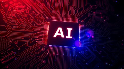 Abstract glowing printed circuit board with AI text written on it. Glowing AI text. AI revolution, the game changer in technology!