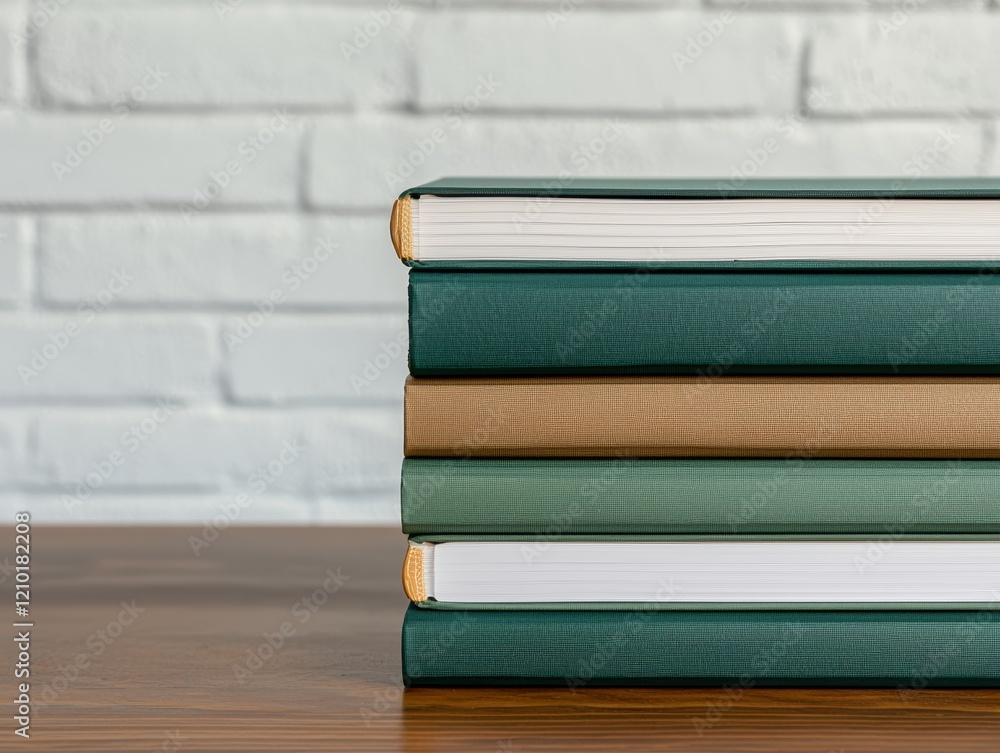 Poster Stack of books on wooden table creating organized workspace