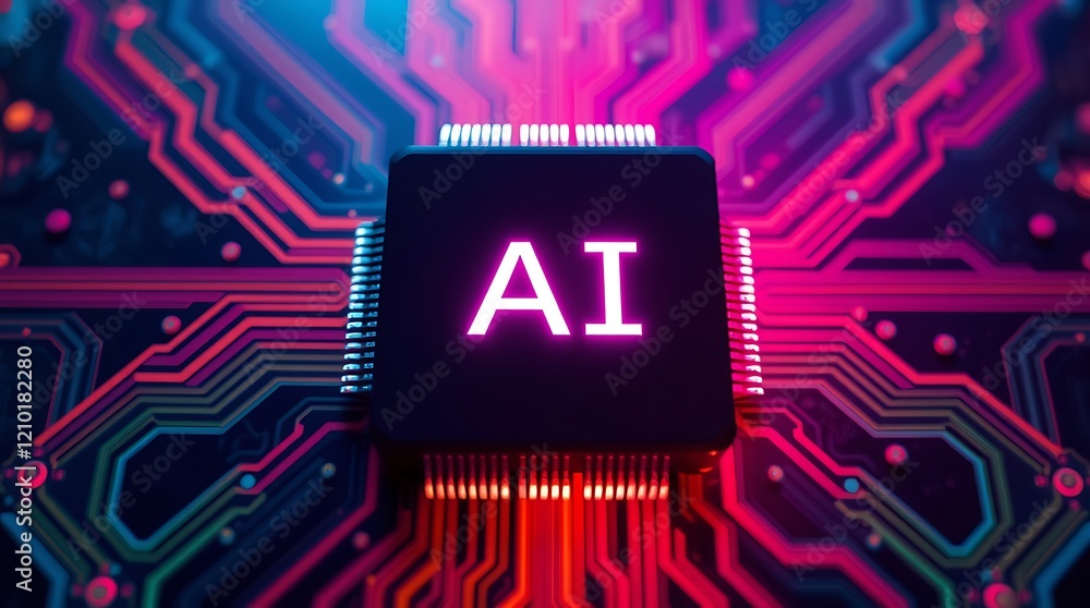 Poster abstract glowing printed circuit board with ai text written on it. glowing ai text. ai revolution, t