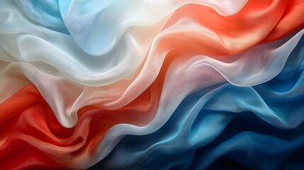 Vibrant abstract flag with a flowing silk like texture showcasing a dynamic color gradient of red white and blue hues  The image features a sense of motion and elegance