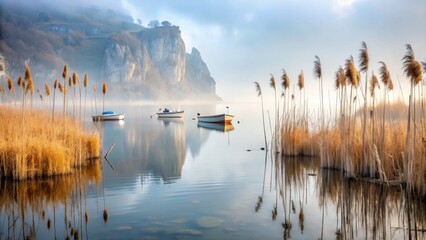 A reed bed partially submerged in a misty ocean with tall, slender reeds and a few boats in the background, surrounded by rocky cliffs and a hazy sky, reed bed, landscape
