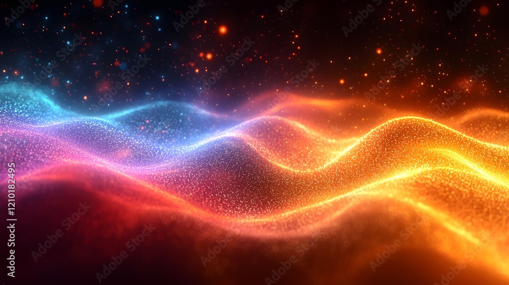 Poster Vibrant glowing light stripes flowing horizontally across a blurred dark orange and black background with a smooth gradient effect creating a futuristic cosmic and energetic atmosphere