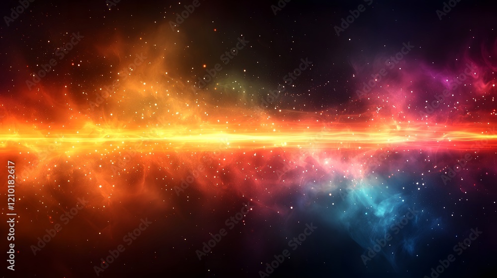 Fototapete Mesmerizing glowing light stripes flowing horizontally across a blurred dark orange and black background with a smooth gradient effect creating a dynamic and captivating cosmic atmosphere