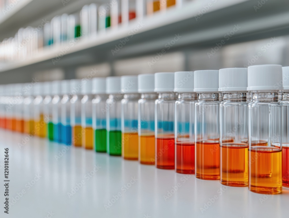 Poster laboratory bottles containing colorful chemical liquids showing gradient