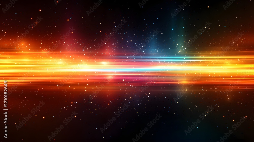 Poster Mesmerizing blurred abstract background featuring a vibrant flowing gradient of colorful light stripes on a dark orange and black backdrop  The dynamic horizontal motion and glowing