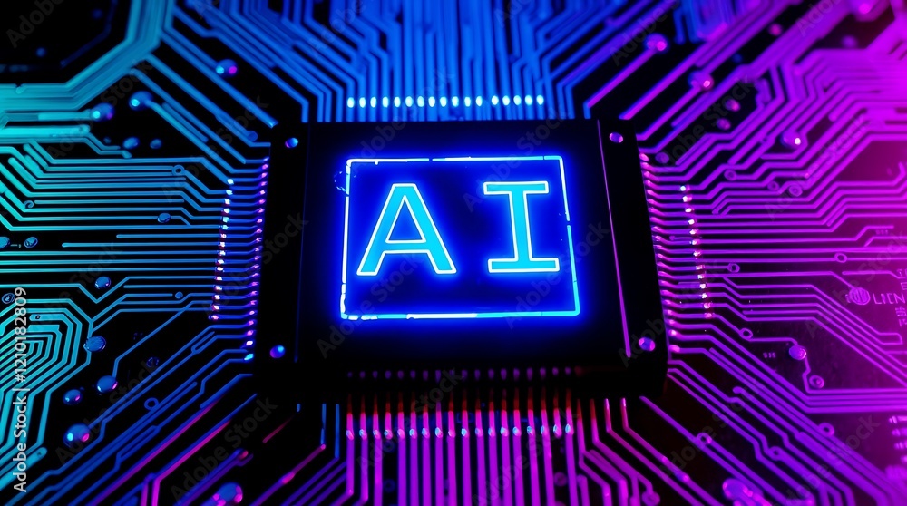 Aufkleber abstract glowing printed circuit board with ai text written on it. glowing ai text. ai revolution, t