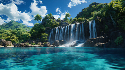 Grand waterfall plunging into clear waters, rugged cliffs framing the powerful cascade