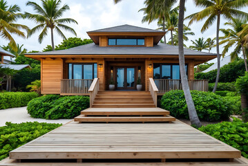 Inviting Tropical-Style Wooden Beach House Surrounded by Palm Trees and Nature, Perfect for a Relaxing Coastal Retreat