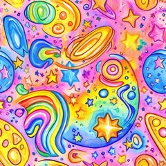 Fototapeta premium Colorful doodles of planets, stars, and galaxies in a playful watercolor style creating a whimsical cosmic adventure